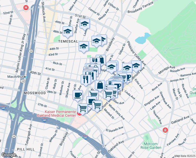 map of restaurants, bars, coffee shops, grocery stores, and more near 4113 Gilbert Street in Oakland