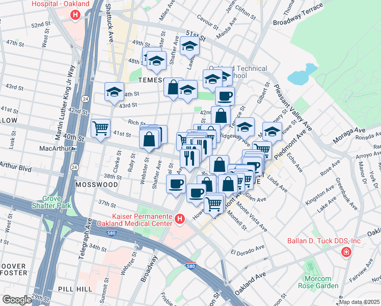 map of restaurants, bars, coffee shops, grocery stores, and more near 4040 Manila Avenue in Oakland