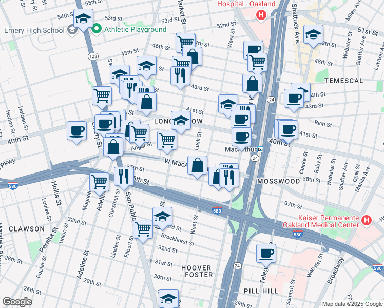 map of restaurants, bars, coffee shops, grocery stores, and more near 831 Apgar Street in Oakland