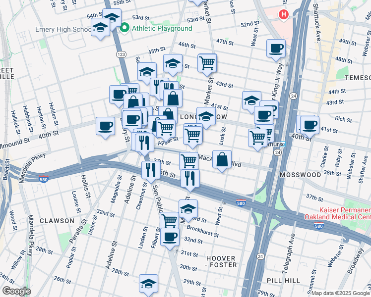 map of restaurants, bars, coffee shops, grocery stores, and more near 936 West MacArthur Boulevard in Emeryville