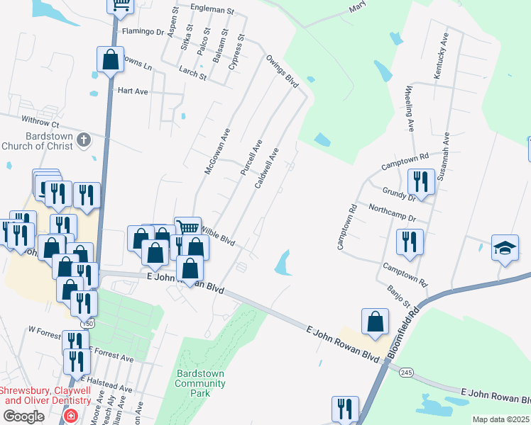 map of restaurants, bars, coffee shops, grocery stores, and more near 114 Ashberry Drive in Bardstown