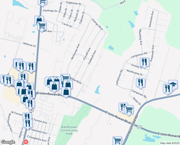 map of restaurants, bars, coffee shops, grocery stores, and more near 114 Ashberry Drive in Bardstown