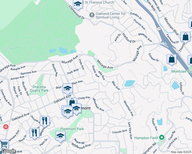 map of restaurants, bars, coffee shops, grocery stores, and more near 332 Scenic Avenue in Piedmont