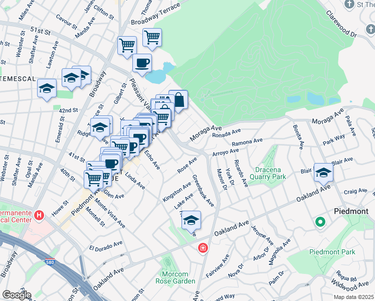 map of restaurants, bars, coffee shops, grocery stores, and more near 1749 Grand Avenue in Piedmont