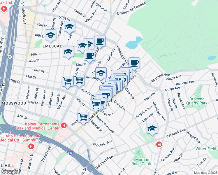 map of restaurants, bars, coffee shops, grocery stores, and more near 180 Ridgeway Avenue in Oakland