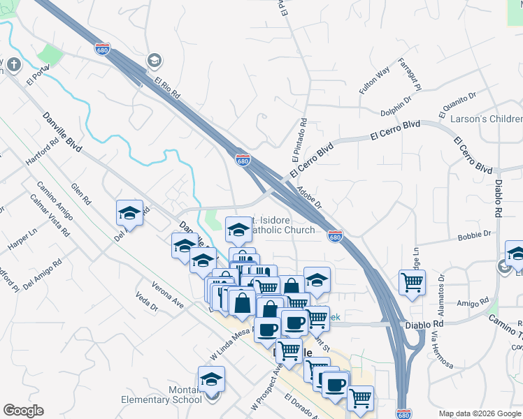 map of restaurants, bars, coffee shops, grocery stores, and more near 400 El Cerro Boulevard in Danville