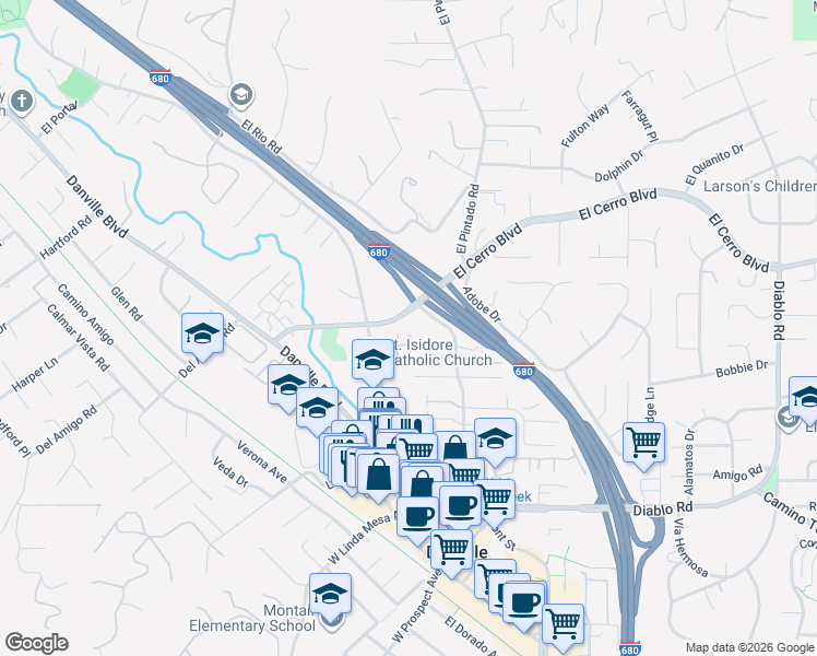 map of restaurants, bars, coffee shops, grocery stores, and more near 400 El Cerro Boulevard in Danville