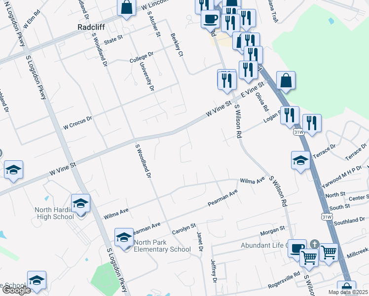 map of restaurants, bars, coffee shops, grocery stores, and more near 709 Brian Court in Radcliff