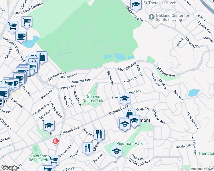 map of restaurants, bars, coffee shops, grocery stores, and more near 108 Hillside Avenue in Piedmont