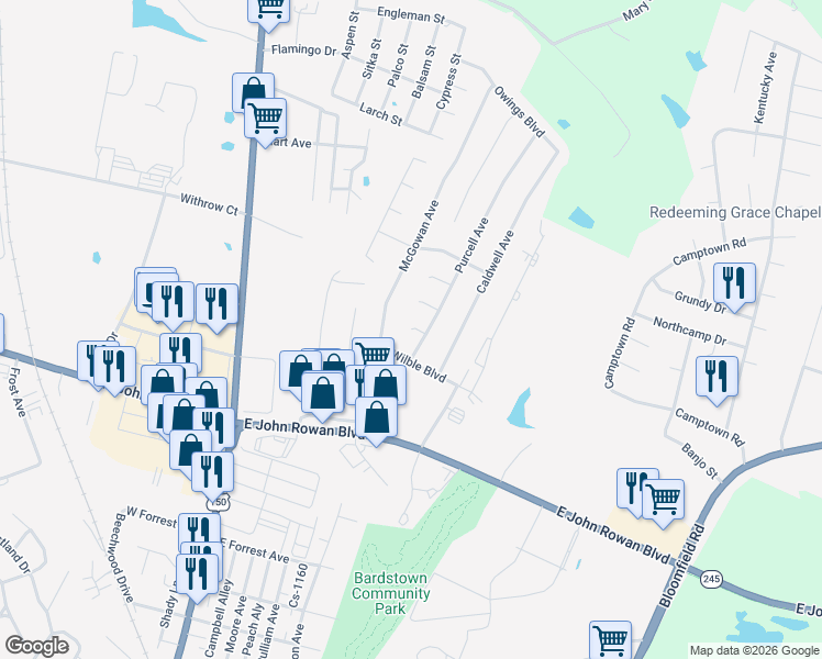 map of restaurants, bars, coffee shops, grocery stores, and more near 198 Kali Court in Bardstown