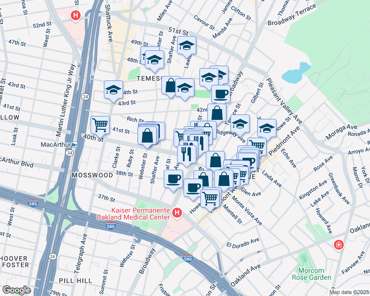 map of restaurants, bars, coffee shops, grocery stores, and more near 4040 Manila Avenue in Oakland
