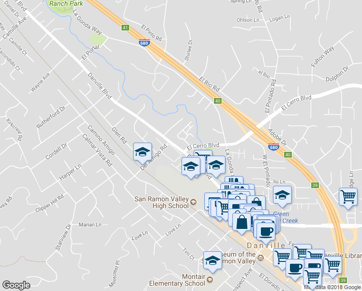 map of restaurants, bars, coffee shops, grocery stores, and more near 633 Garden Creek Place in Danville