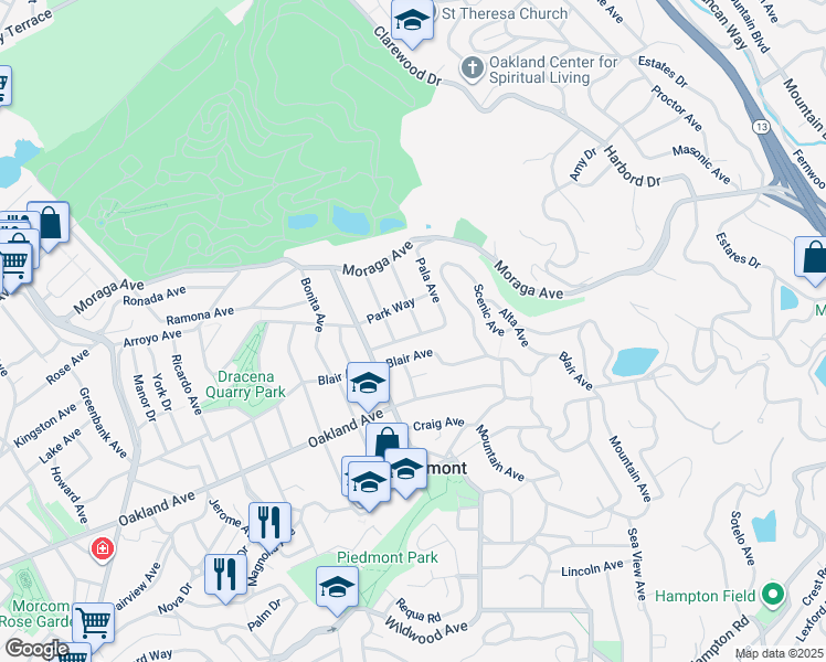 map of restaurants, bars, coffee shops, grocery stores, and more near 123 Monte Avenue in Piedmont