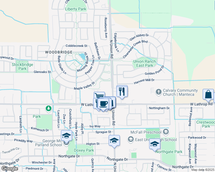 map of restaurants, bars, coffee shops, grocery stores, and more near 2241 Santona Way in Manteca