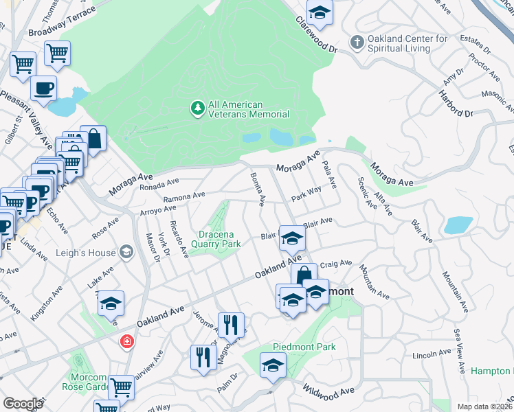 map of restaurants, bars, coffee shops, grocery stores, and more near 101 Bonita Avenue in Piedmont