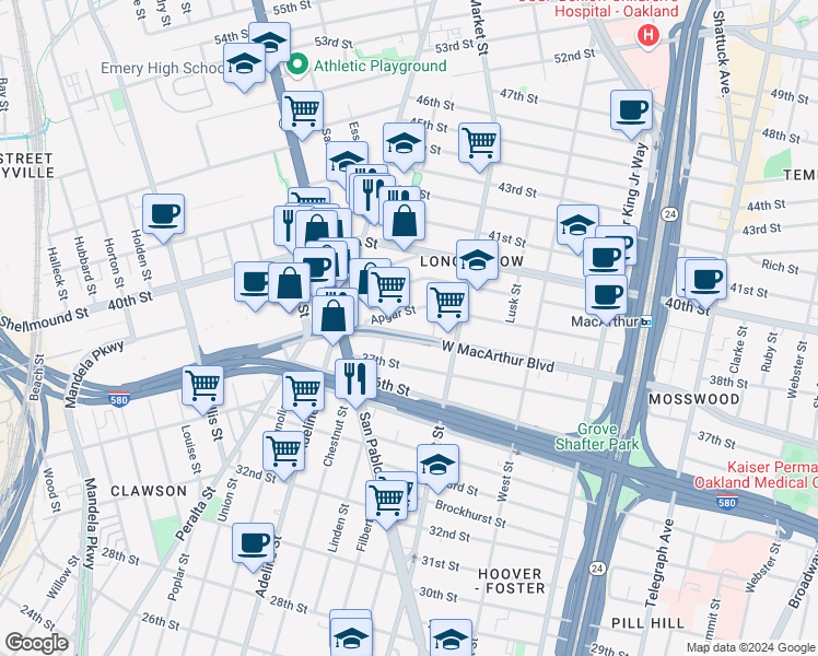 map of restaurants, bars, coffee shops, grocery stores, and more near 970 West MacArthur Boulevard in Oakland