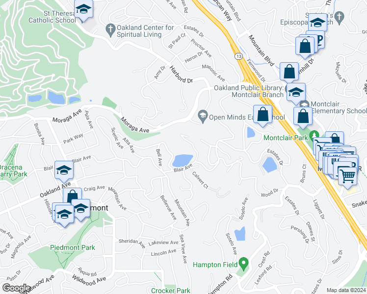 map of restaurants, bars, coffee shops, grocery stores, and more near Woodrow Drive in Oakland
