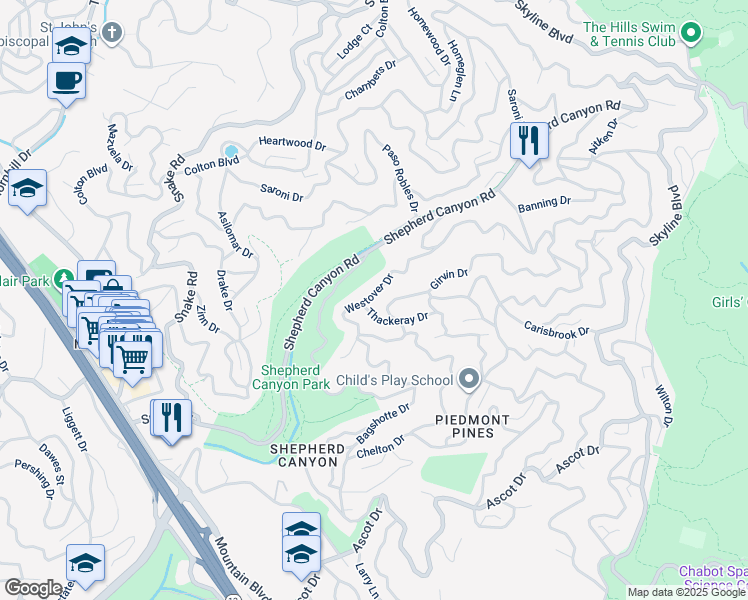 map of restaurants, bars, coffee shops, grocery stores, and more near 6210 Westover Drive in Oakland