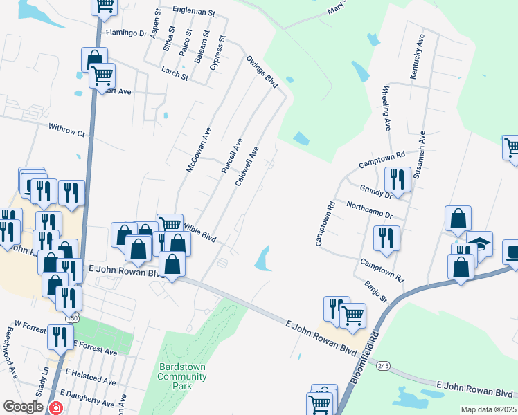 map of restaurants, bars, coffee shops, grocery stores, and more near 115 Ashberry Drive in Bardstown