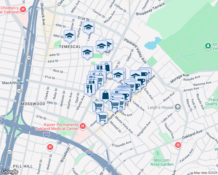 map of restaurants, bars, coffee shops, grocery stores, and more near 4117 Gilbert Street in Oakland