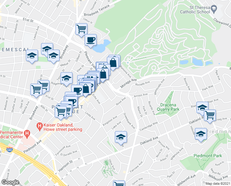 map of restaurants, bars, coffee shops, grocery stores, and more near 1776 Brandon Street in Oakland