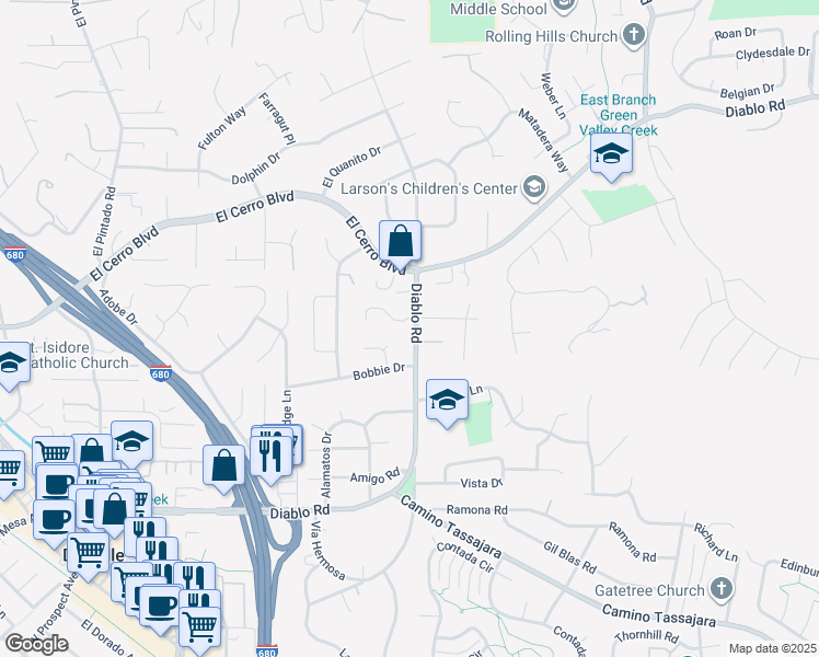 map of restaurants, bars, coffee shops, grocery stores, and more near 790 Diablo Road in Danville