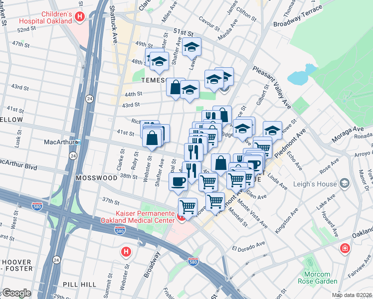 map of restaurants, bars, coffee shops, grocery stores, and more near 4045 Manila Avenue in Oakland