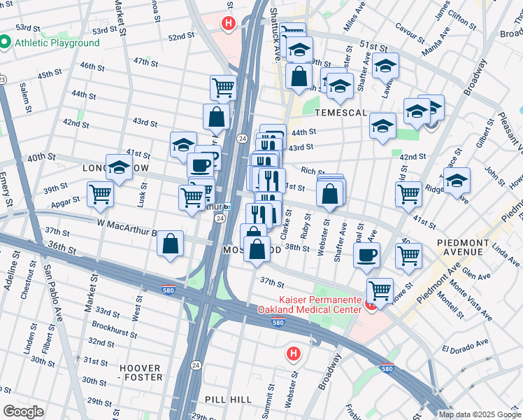map of restaurants, bars, coffee shops, grocery stores, and more near 3901 Telegraph Avenue in Oakland
