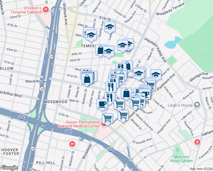 map of restaurants, bars, coffee shops, grocery stores, and more near 4045 Manila Avenue in Oakland