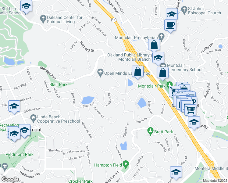 map of restaurants, bars, coffee shops, grocery stores, and more near 5810 McAndrew Drive in Oakland