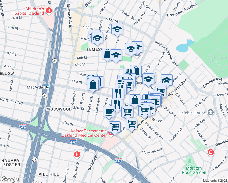 map of restaurants, bars, coffee shops, grocery stores, and more near 4040 Manila Avenue in Oakland