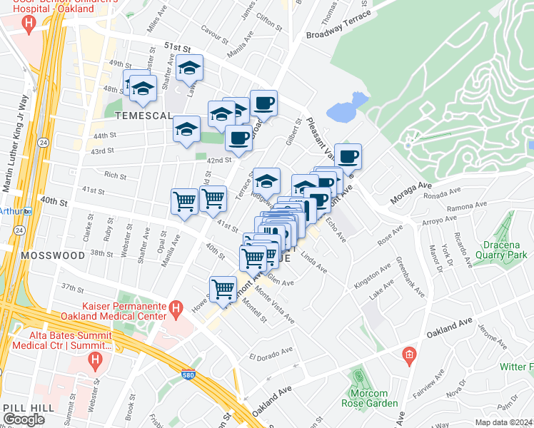 map of restaurants, bars, coffee shops, grocery stores, and more near 4191 Montgomery Street in Oakland