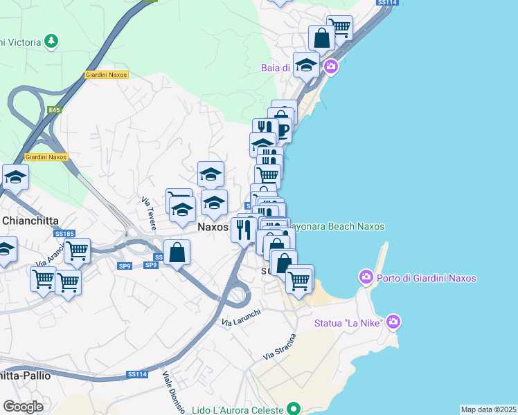 map of restaurants, bars, coffee shops, grocery stores, and more near 14 Via Consolare Valeria in Giardini Naxos