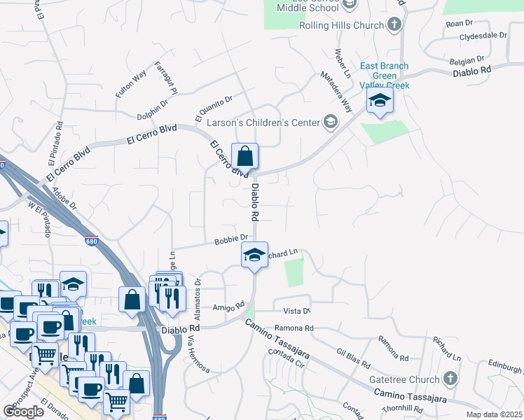 map of restaurants, bars, coffee shops, grocery stores, and more near 790 Diablo Road in Danville