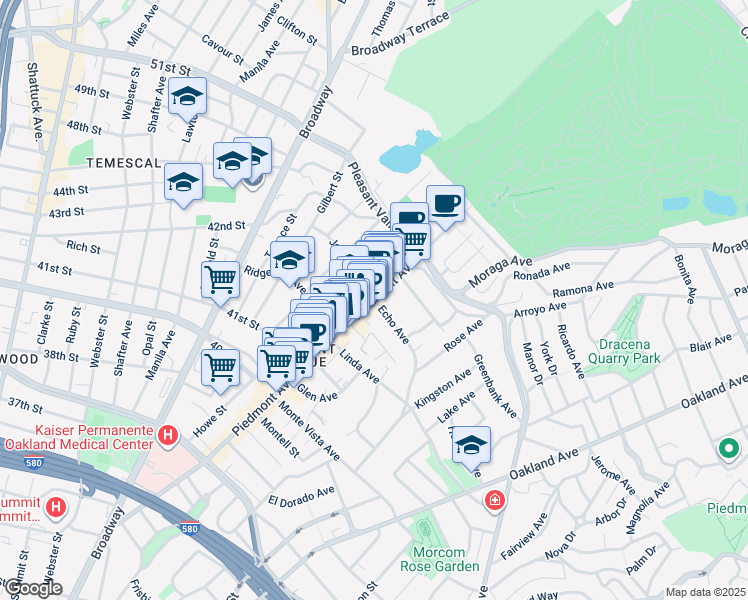 map of restaurants, bars, coffee shops, grocery stores, and more near 4243 Piedmont Avenue in Oakland