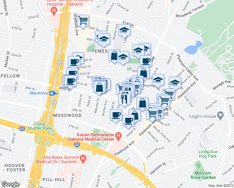 map of restaurants, bars, coffee shops, grocery stores, and more near in Oakland