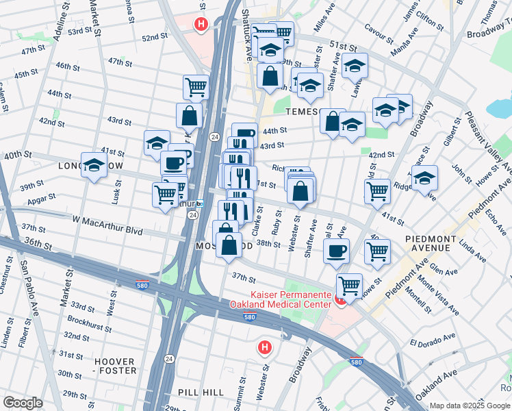 map of restaurants, bars, coffee shops, grocery stores, and more near 3915 Clarke Street in Oakland