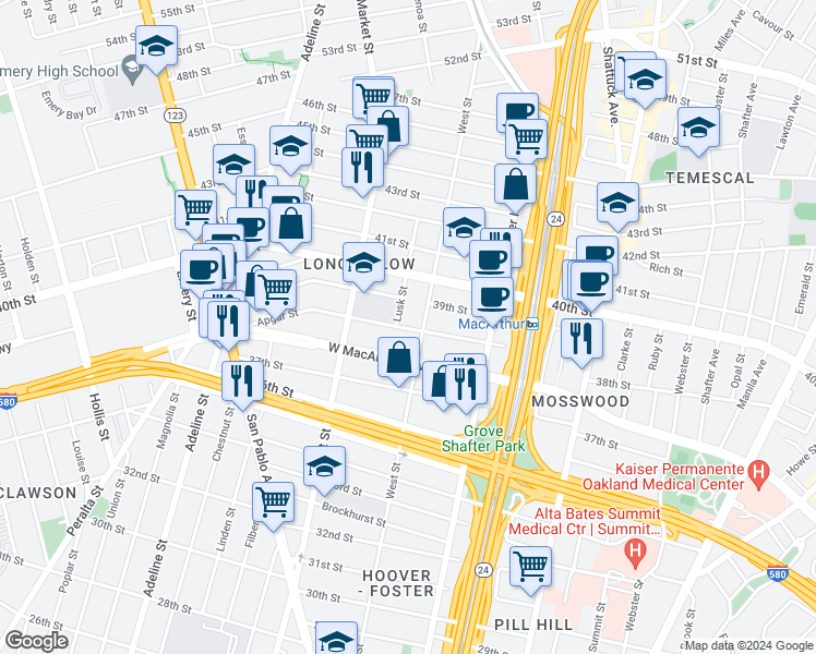 map of restaurants, bars, coffee shops, grocery stores, and more near 831 Apgar Street in Oakland