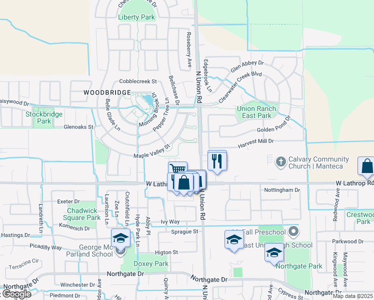 map of restaurants, bars, coffee shops, grocery stores, and more near 2241 Santona Way in Manteca