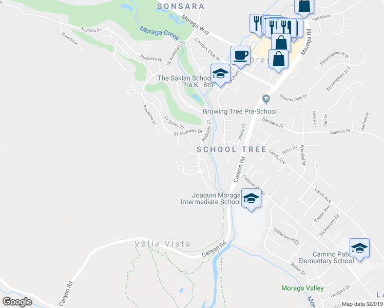 map of restaurants, bars, coffee shops, grocery stores, and more near 9 Berkshire Street in Moraga