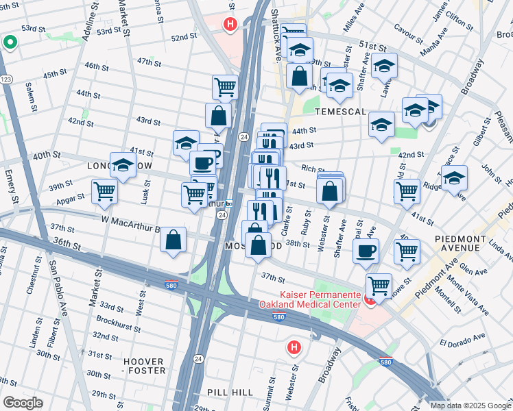map of restaurants, bars, coffee shops, grocery stores, and more near 540 39th Street in Oakland