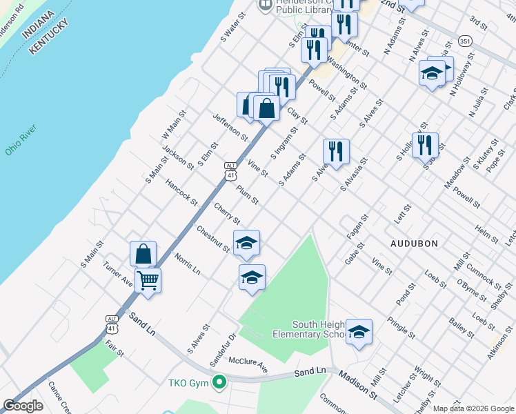 map of restaurants, bars, coffee shops, grocery stores, and more near 601 South Adams Street in Henderson