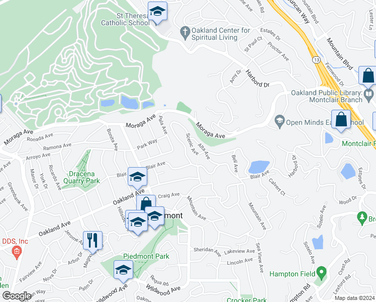 map of restaurants, bars, coffee shops, grocery stores, and more near 150 Scenic Avenue in Piedmont