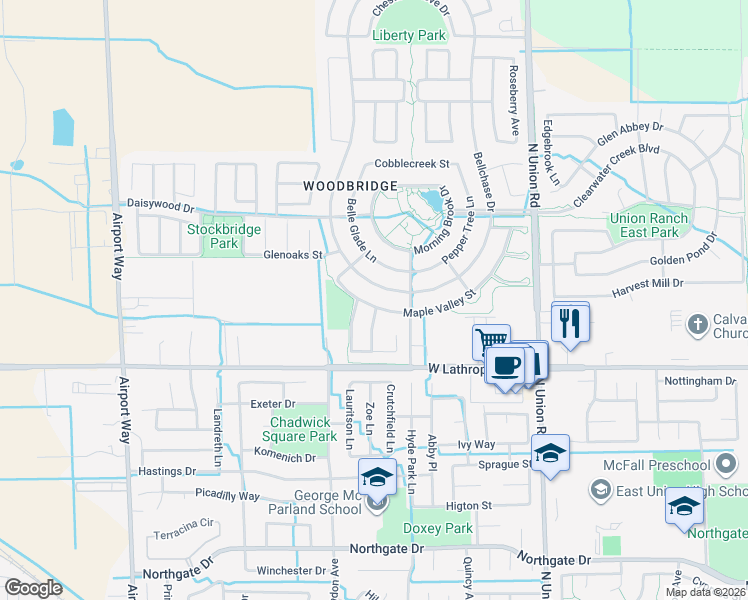 map of restaurants, bars, coffee shops, grocery stores, and more near 1573 Maple Valley Street in Manteca