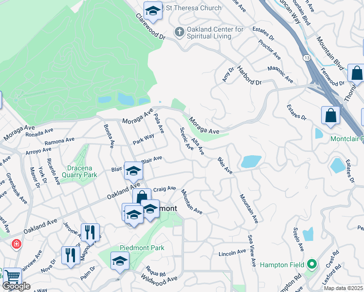 map of restaurants, bars, coffee shops, grocery stores, and more near 150 Scenic Avenue in Piedmont