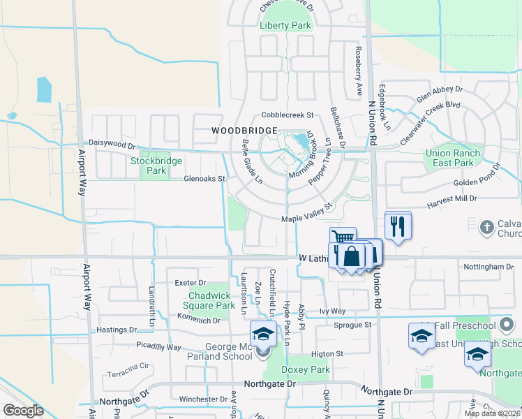 map of restaurants, bars, coffee shops, grocery stores, and more near 1573 Maple Valley Street in Manteca