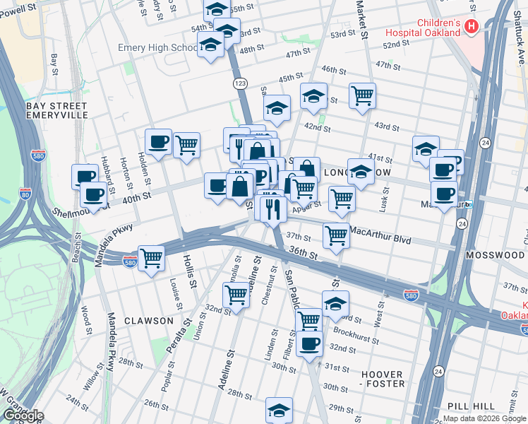map of restaurants, bars, coffee shops, grocery stores, and more near 3801 San Pablo Avenue in Emeryville