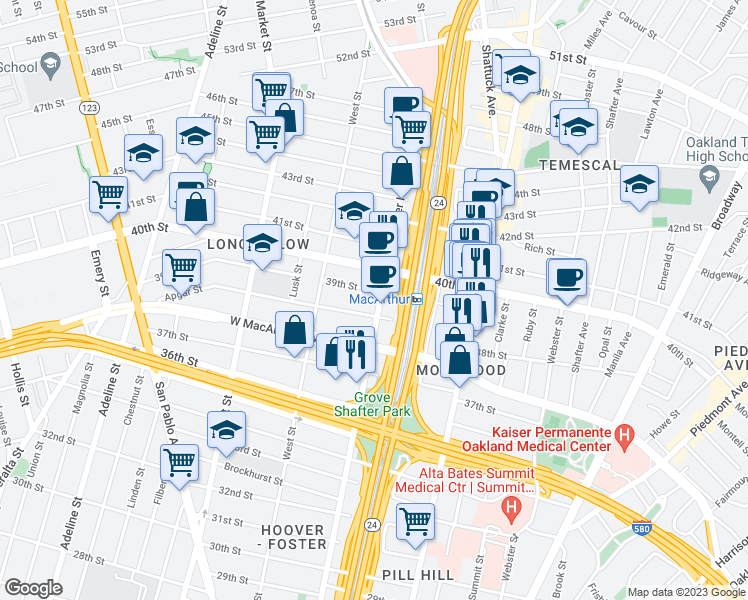 map of restaurants, bars, coffee shops, grocery stores, and more near 3869 Martin Luther King Junior Way in Oakland