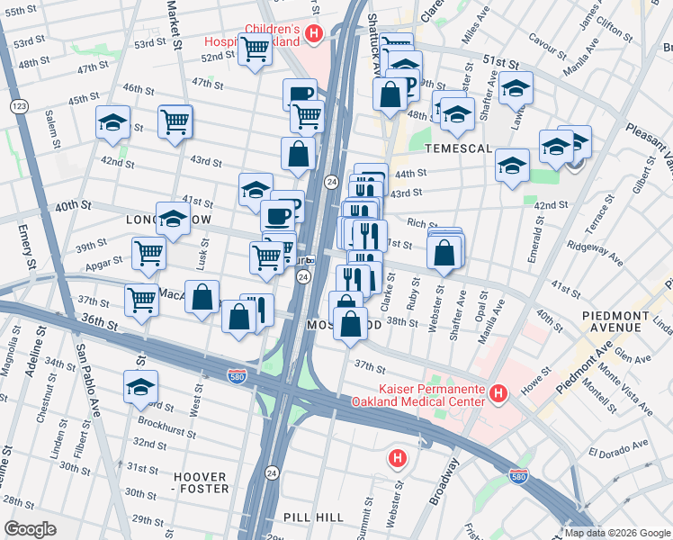 map of restaurants, bars, coffee shops, grocery stores, and more near 540 39th Street in Oakland