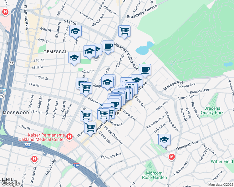 map of restaurants, bars, coffee shops, grocery stores, and more near 180 Ridgeway Avenue in Oakland